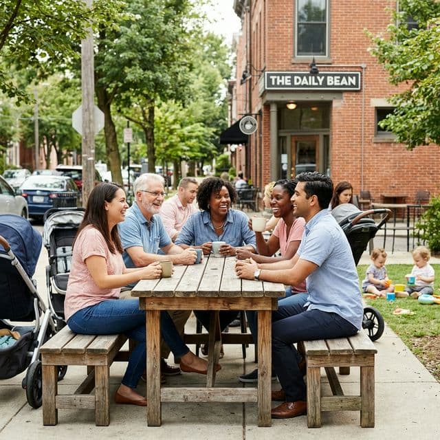 Parents chatting over coffee outside a neighbourhood café while their children play